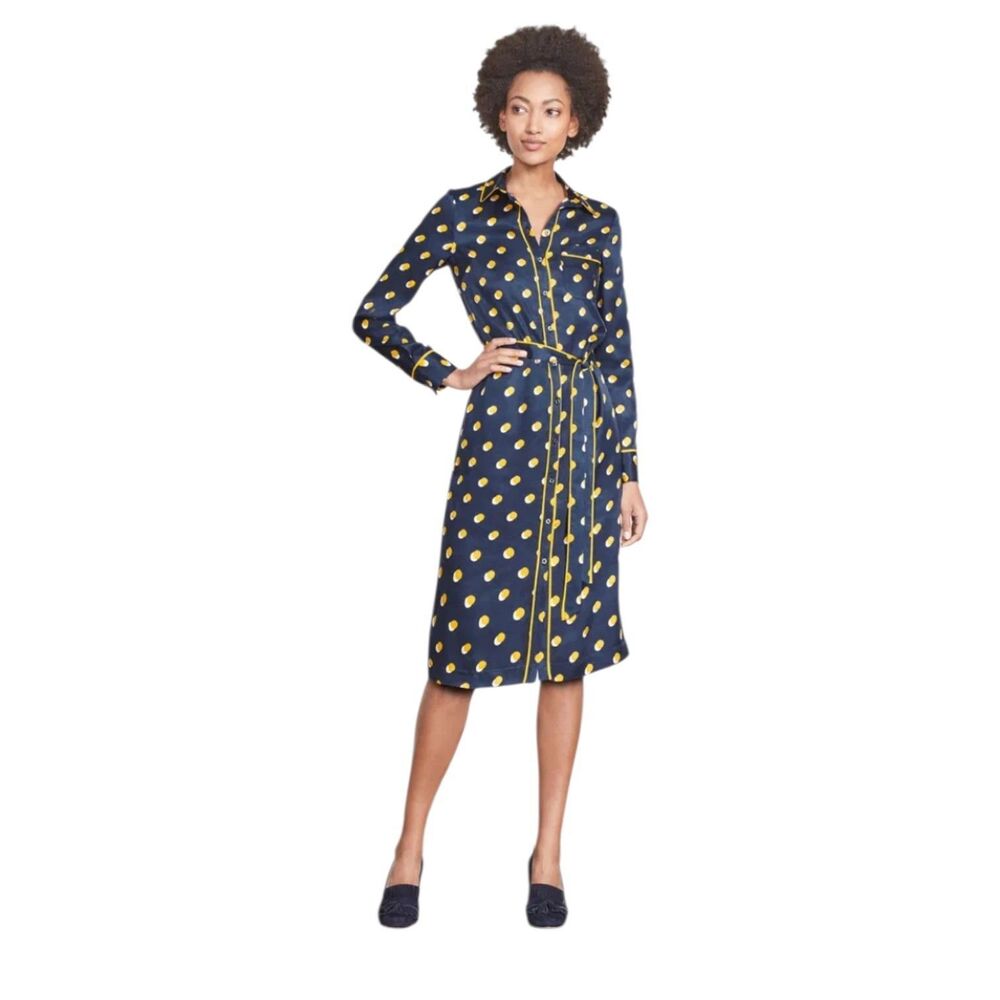 Boden Jenna Dress Blue Yellow Polka Dot Size 2 Midi Button Up Belted Womens